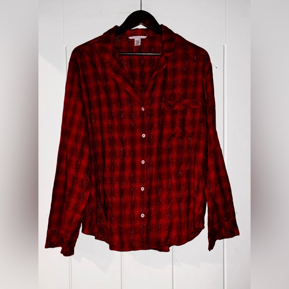 Victoria Secret‎ Metallic Women L Red Plaid Flannel PJ 2PC Pajama Set Lounging